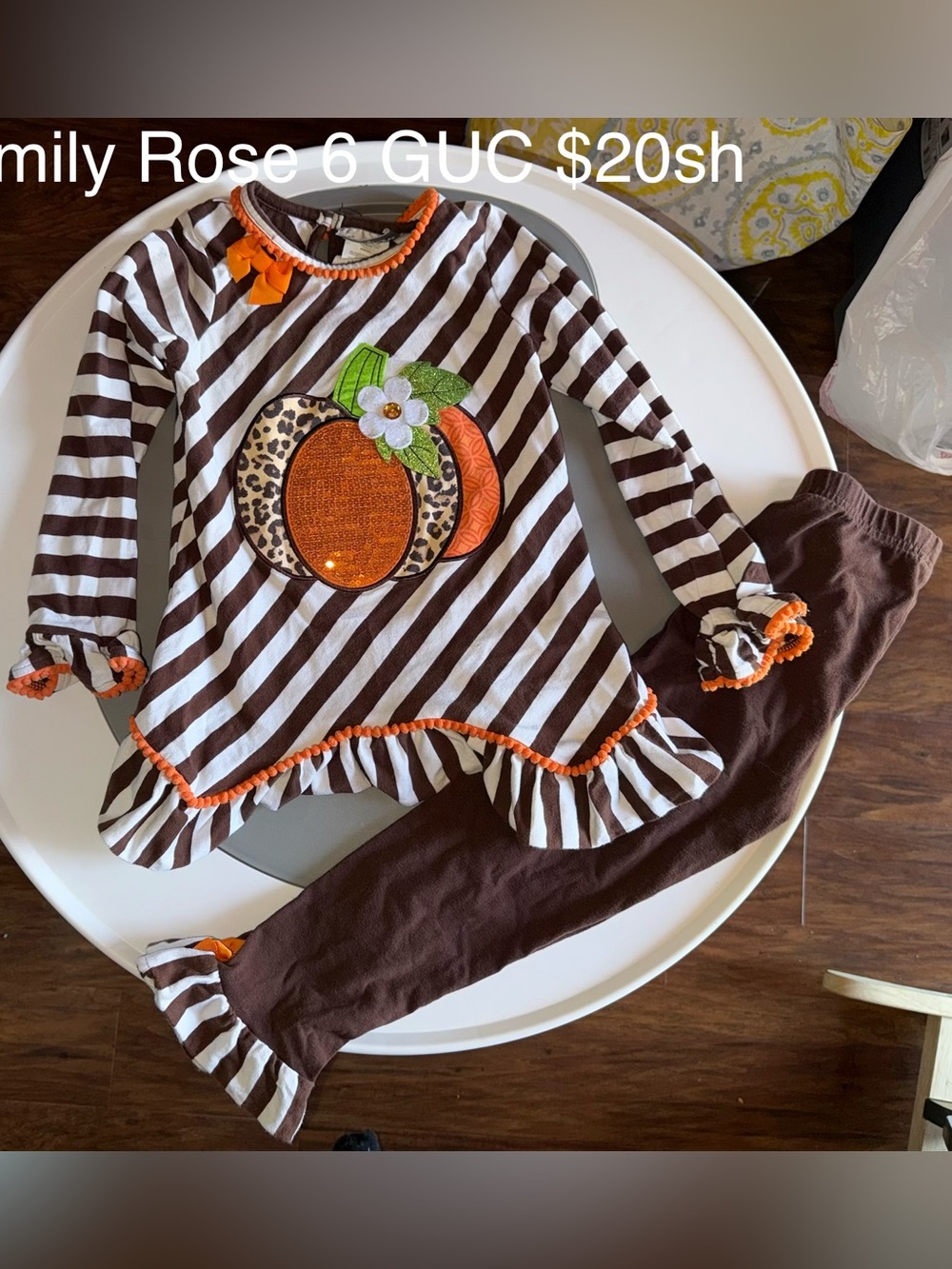 Emily Rose Brown & White Striped Pumpkin Tunic Set with Orange Trim